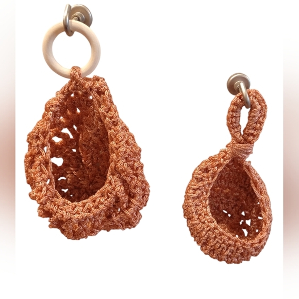 (2) Air Plant Hanger Baskets, Orange, Crocheted, Boho Style, Pre-owned